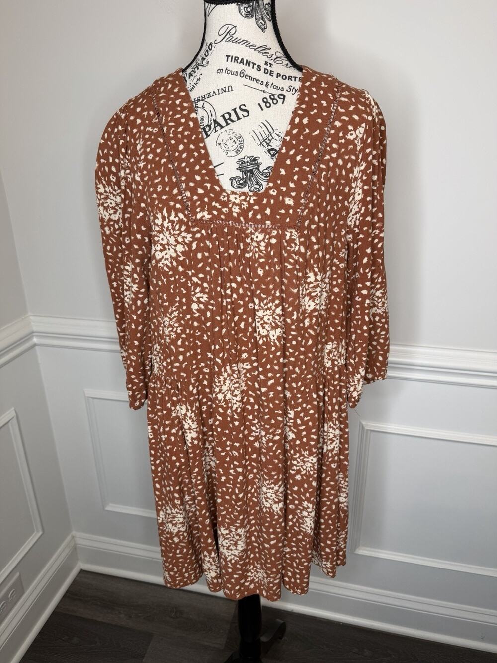 Knox Rose Women’s Peasant Dress Large Rust & Ivory Above Knee 3/4 Sleeves Boho